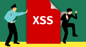Illustration of a policeman stopping a thief with the word XSS