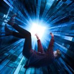 man falling down shiny blue tunnel