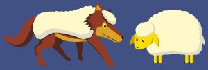 Cartoon of a wolf disguised as a sheep