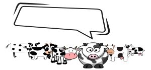 Herd of cartoon cows with an empty speech bubble