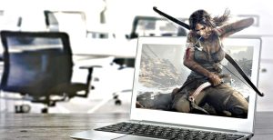 Tomb raider figure coming out of a computer screen.