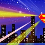 Drawing of a city at night with a superman symbol streaming light in the sky