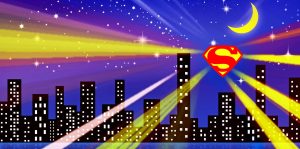 Drawing of a city at night with a superman symbol streaming light in the sky