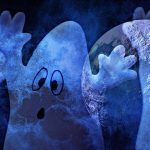 Three cartoon ghosts in a row