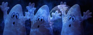 Three cartoon ghosts in a row