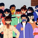 Crowd of people wearing masks