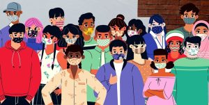 Crowd of people wearing masks