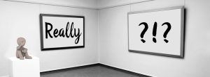 cartoon man looking at a painting of question marks