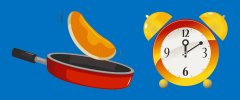 Image of a frying pan with a pancake being flipped, and a ticking clock