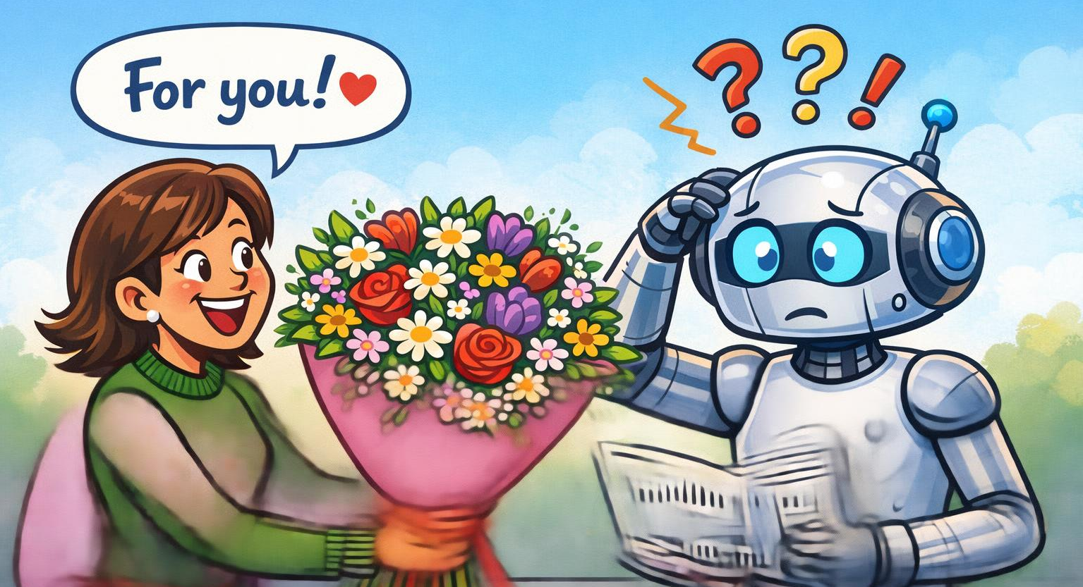 AI-generated cartoon. On one side is a person offering a huge bunch of flowers to the robot. The robot is on the other side and looks very confused.