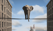 Image of an elephant on a tightrope between two buildings - generated by Dall-E