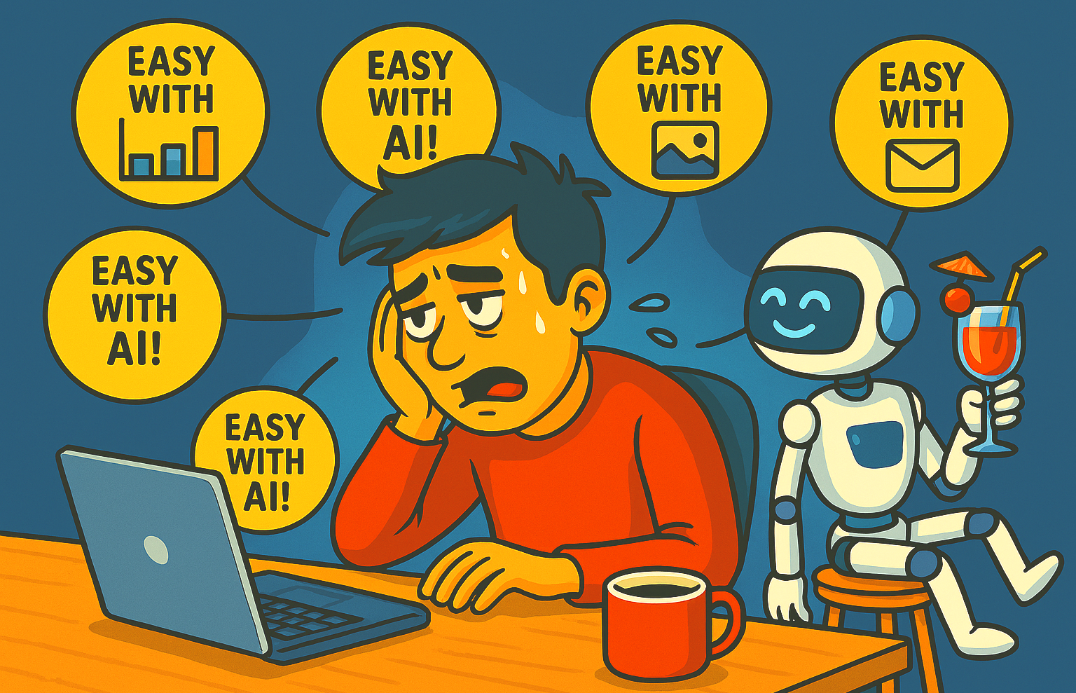 AI-generated cartoon image. A programmer is sitting at his desk, sweating profusely. Glowing task bubbles labelled “Easy with AI!” float around him. The AI robot is sitting on a chair next to him, smiling and sipping a cocktail.