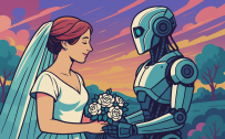 AI-generated image of a woman and a robot getting married.