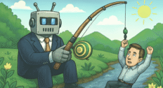AI-generated cartoon image with an android dressed in a suit, fishing at a stream. There is a small unhappy man dangling from the edge of the fishing line.
