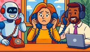 AI-generated cartoon. In the middle is a customer who is confused. She is holding two telephones, one to each ear. These are corded telephones, like we had 20 years ago. On the other end of one telephone is a smiling robot. On the other end of the other telephone is a person.
