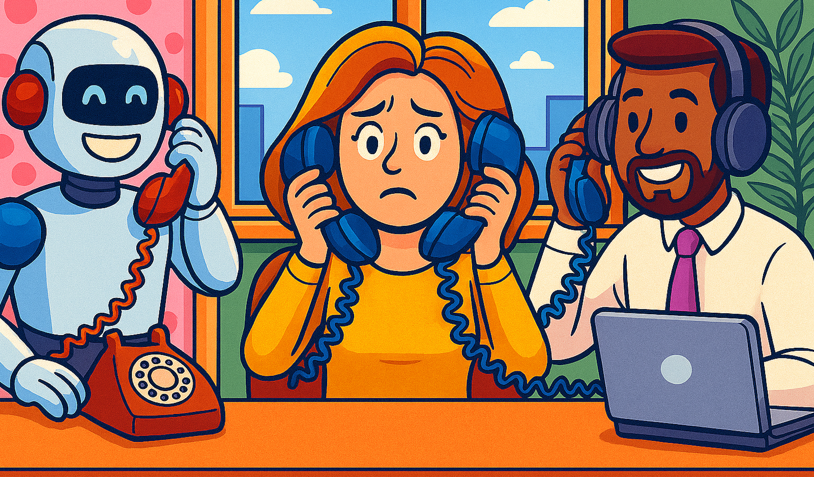 AI-generated cartoon. In the middle is a customer who is confused. She is holding two telephones, one to each ear. These are corded telephones, like we had 20 years ago. On the other end of one telephone is a smiling robot. On the other end of the other telephone is a person.