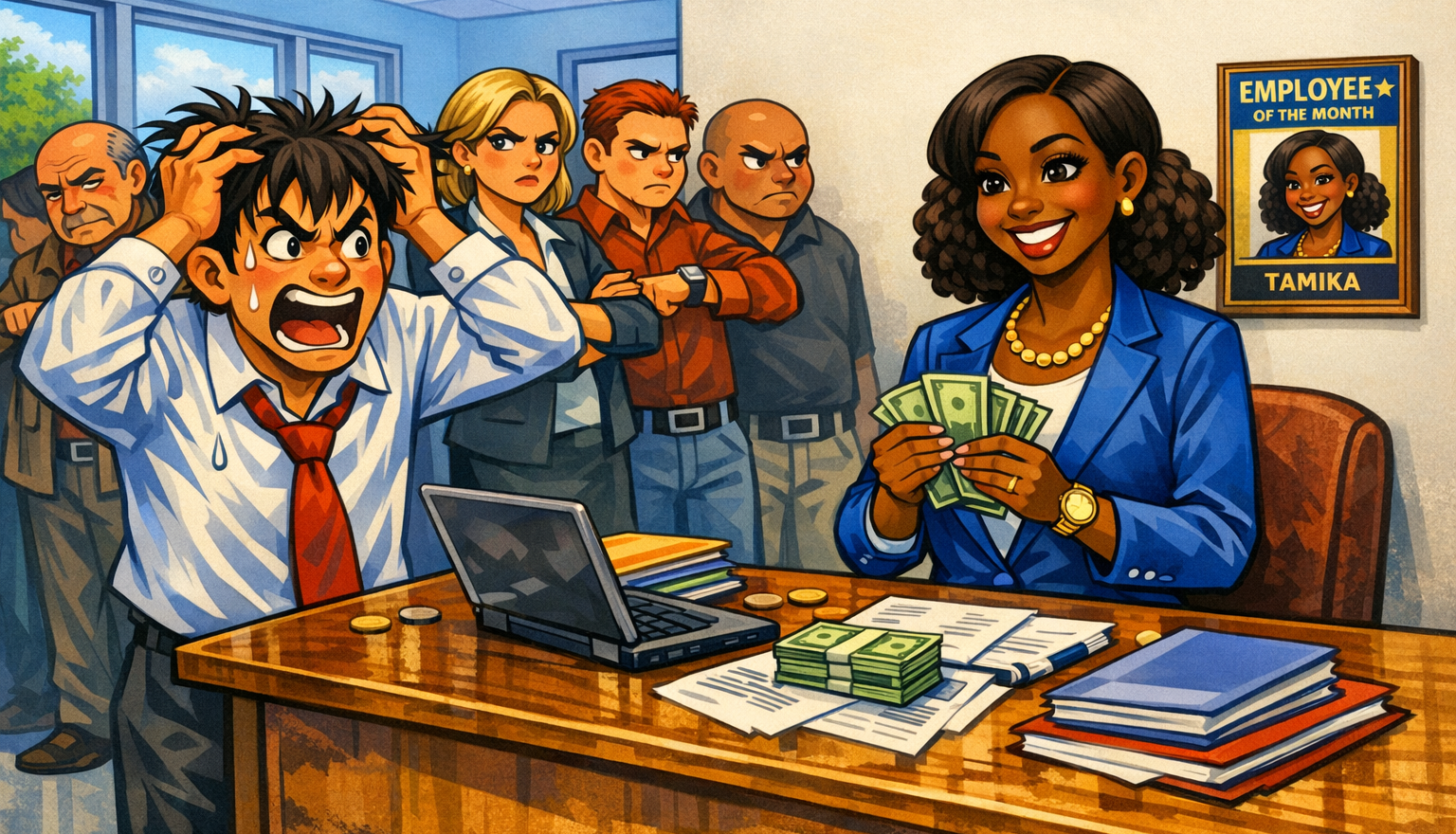 AI-generated cartoon. A frustrated man is pulling out his hair while a customer consultant smiles and counts money. There is a poster showing the consultant as employee of the month. Behind the frustrated man is a queue of annoyed people, some of them looking at their watches.