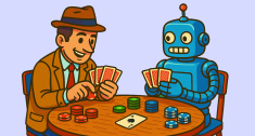 AI-generated image of a man and a robot sitting at a table playing cards and betting.