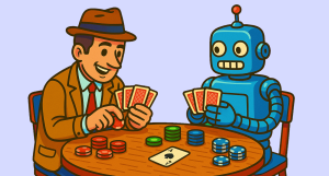 AI-generated image of a man and a robot sitting at a table playing cards and betting.