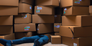 Boxes, boxes everywhere. Image of a pile of boxes with a person buried beneath them - just the legs sticking out. (Image generated by Dall-E)