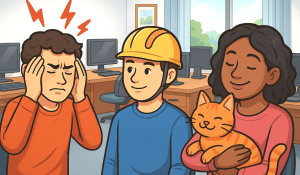 AI-generated cartoon image of 3 people. The first person has a headache and is unhappy. The second person is wearing a helmet. The third person is carrying a cat and smiling.