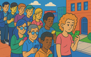 AI-generated cartoon image of lots of people in a queue looking at their phones.