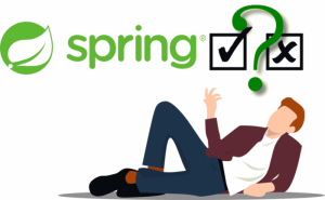 Why choose the Spring framework? Cartoon of man with question mark above his head and Spring framework logo