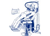 Cartoon of a frightened patient in a dentist's chair with the dentist wielding a huge device.