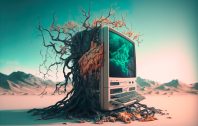 A barren landscape with a huge tree that has a computer growing out of it - a combination of tech and apocalypse.