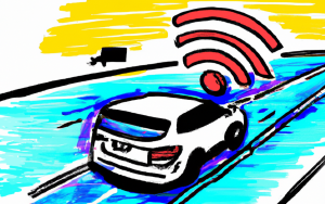 Image of a car on a road with a wireless signal above it.