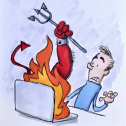 Cartoon of a devil's arm and tail coming out of a computer
