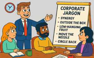 AI-generated cartoon of a man dressed in a suit at the head of a room, making a presentation. The people sitting around the table listening to him are all confused.