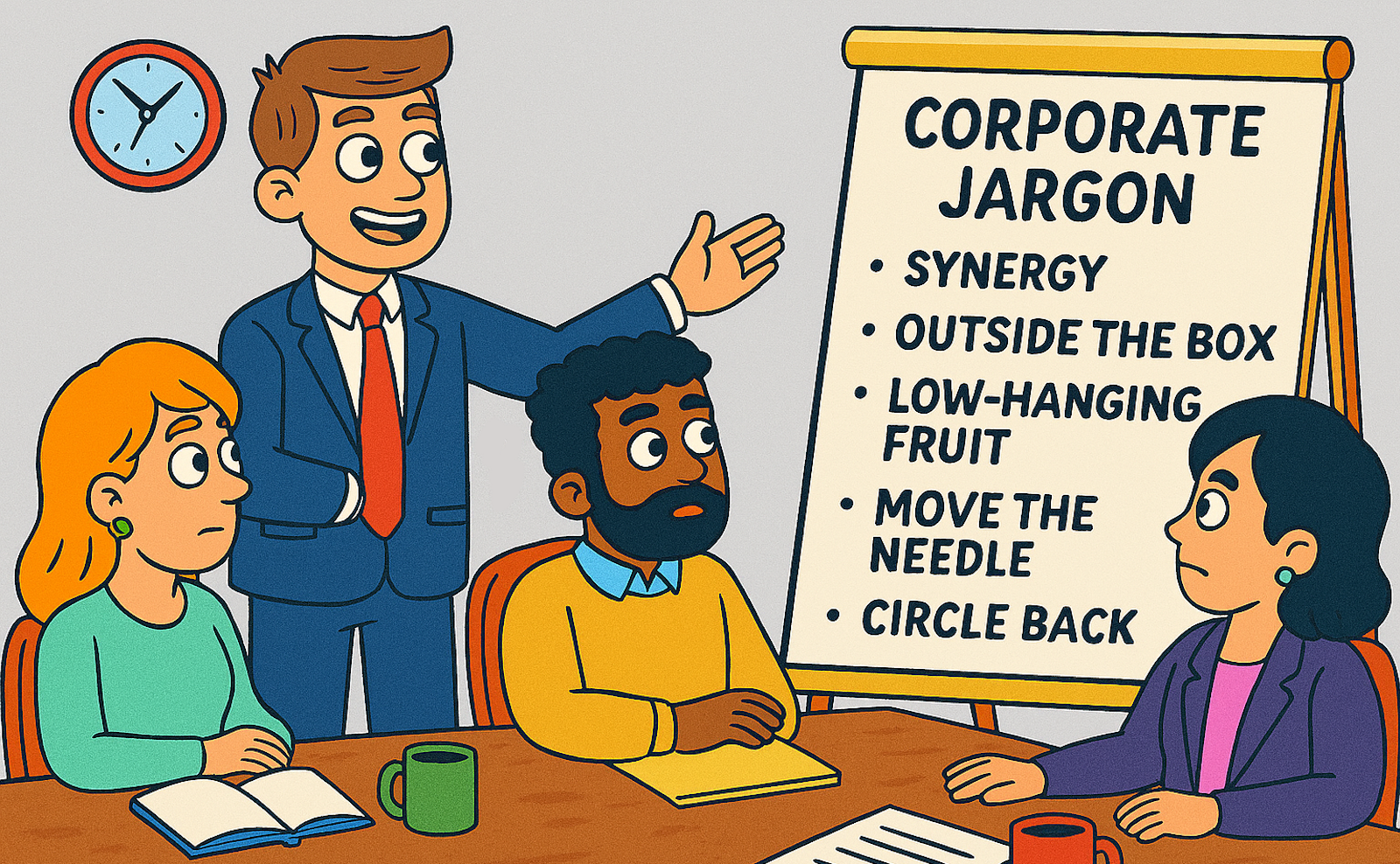 AI-generated cartoon of a man dressed in a suit at the head of a room, making a presentation. The people sitting around the table listening to him are all confused.