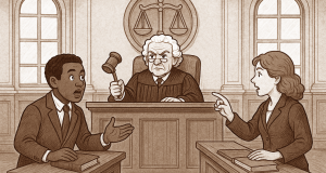 AI-generated cartoon image of a court room with two lawyers arguing in front a judge.