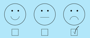 Customer experience: 3 emoji faces with expressions of happy, neutral and unhappy. Used to rate customer satisfaction.