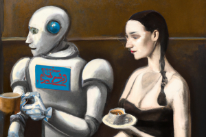Your cyborg identity - image of a woman sitting next to a cyborg and drinking coffee (generated by AI)