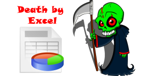Cartoon image of a figure representing death with a scythe, next to a spreadsheet with a graph. The heading is "Death by Excel"