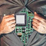 Digital centaur: mand and machine. A man with a computer motherboard as a chest.
