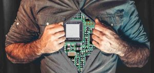 Digital centaur: mand and machine. A man with a computer motherboard as a chest.