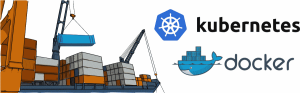 Docker and Kubernetes - images of container ship with the docker and kubernetes logos