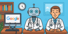 AI-generated image with a computer, a robot and a person, all representing the doctors. The computer has a google logo on the monitor, and a stethoscope around it. The robot and the person are both wearing white lab coats and stethoscopes.