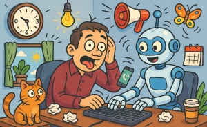 Cartoon image generated by AI. A man is sitting at his desk with a dumb agonized expression. There are distrations like a cell phone and a horn blaring. A robot is typing on his computer.
