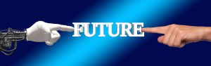 Futurology - human implant. Image of robot hand and human hand pointing to the word FUTURE