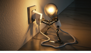 Get up and go: Cartoon of a lightbulb with arms and legs plugging itself into a wall socket.