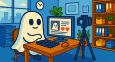 AI generated cartoon image of a ghost sitting at a computer with a camera on a tripod in front of it.