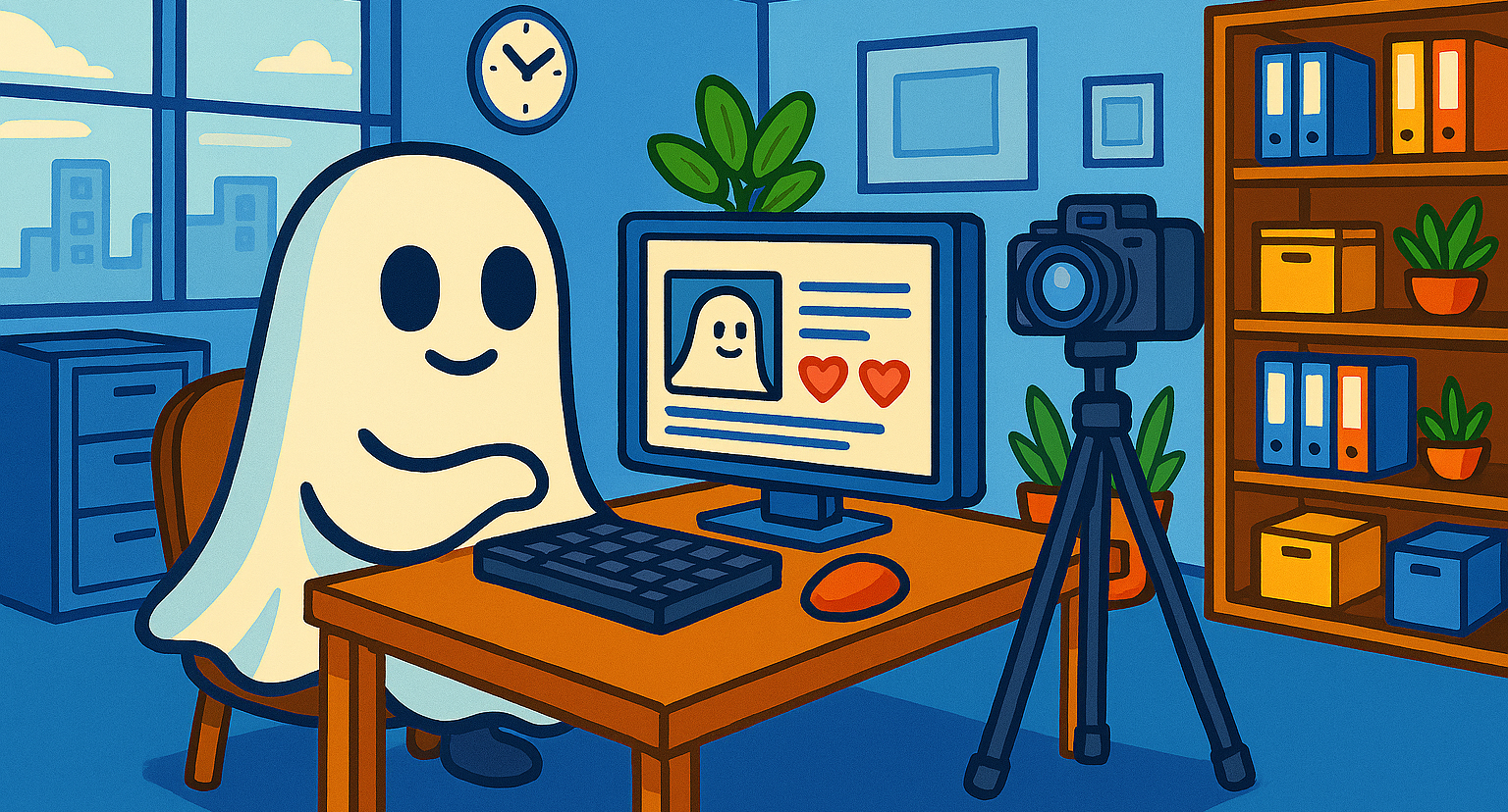 AI generated cartoon image of a ghost sitting at a computer with a camera on a tripod in front of it.