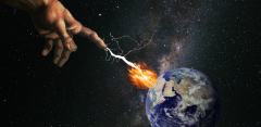 Eskom and the god of lightning - image of a huge hand pointing a thunderbolt at a planet that looks like Earth.