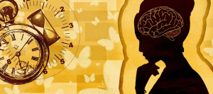 Good takes time. Stylized image of a woman's head and brain, with a clock and egg timer.