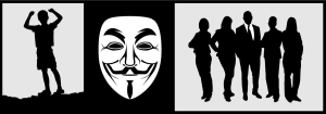 A black and white stylised image with 3 images: on the left a young boy, in the middle a hacker in an Anonymous mask, on the right a group of business people.