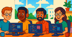 AI-generated cartoon of 4 happy programmers sitting at computers and smiling.